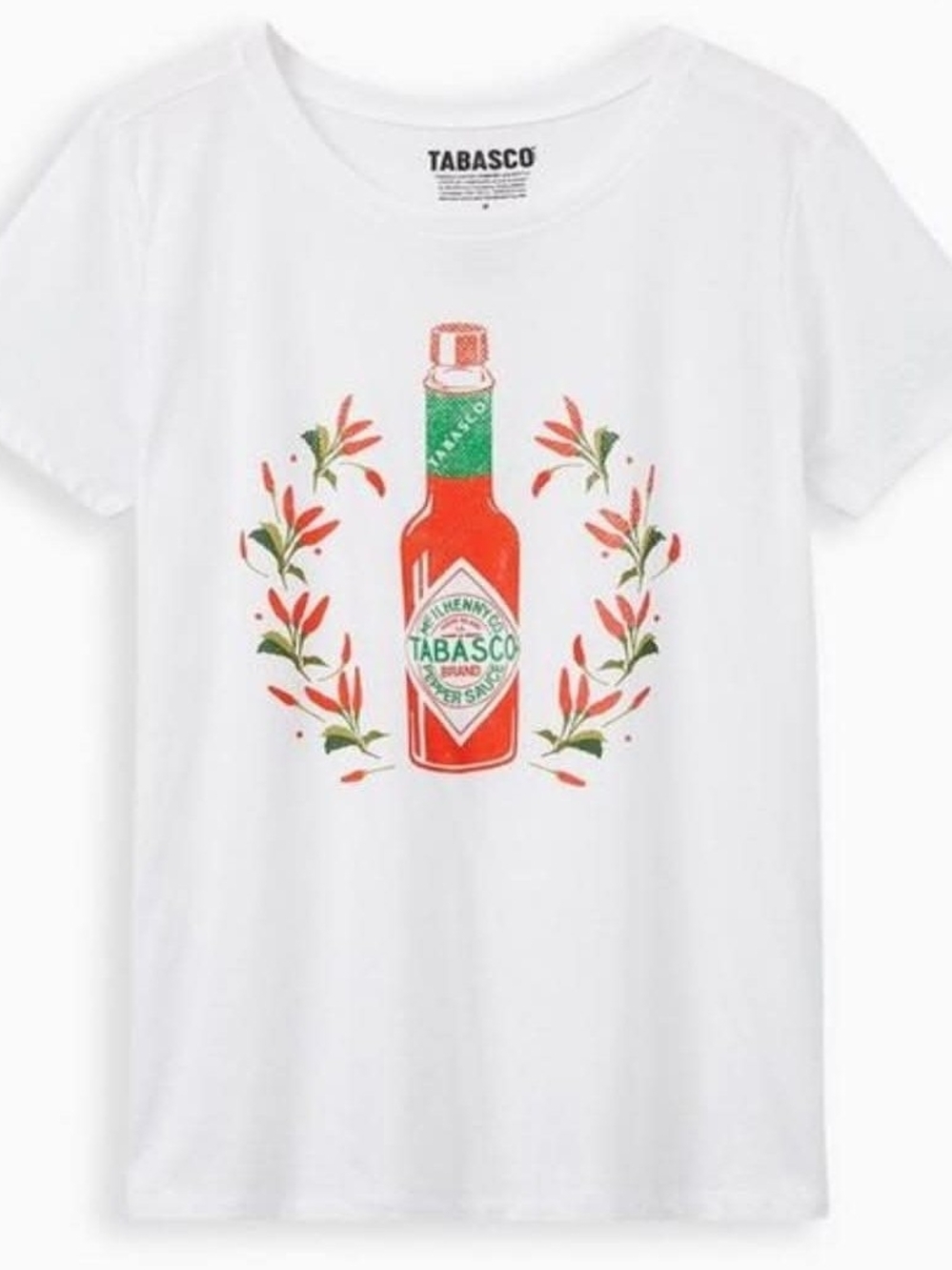 Torrid White Short Sleeve Tee with Red & Green  Tabasco Hot Sauce Bottle Graphic